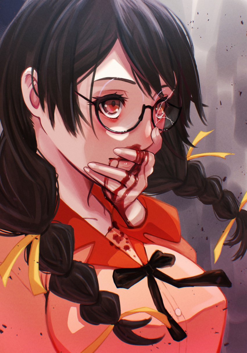 1girl abuse bakemonogatari black_bow black_bowtie black_hair blood blood_on_clothes blood_on_face blood_on_hands bow bowtie braid breasts broken_eyewear brown_eyes closed_mouth collarbone collared_shirt commentary covering_own_mouth crack cracked_glass dress_shirt eyelashes from_side glasses grey_background hair_ribbon hand_on_own_face hand_over_own_mouth hanekawa_tsubasa highres injury large_breasts looking_afar looking_ahead low_twin_braids monogatari_(series) naoetsu_high_school_uniform nosebleed oshizu pink_shirt ribbon round_eyewear ryona school_uniform semi-rimless_eyewear shards shirt solo twin_braids under-rim_eyewear upturned_eyes yellow_ribbon