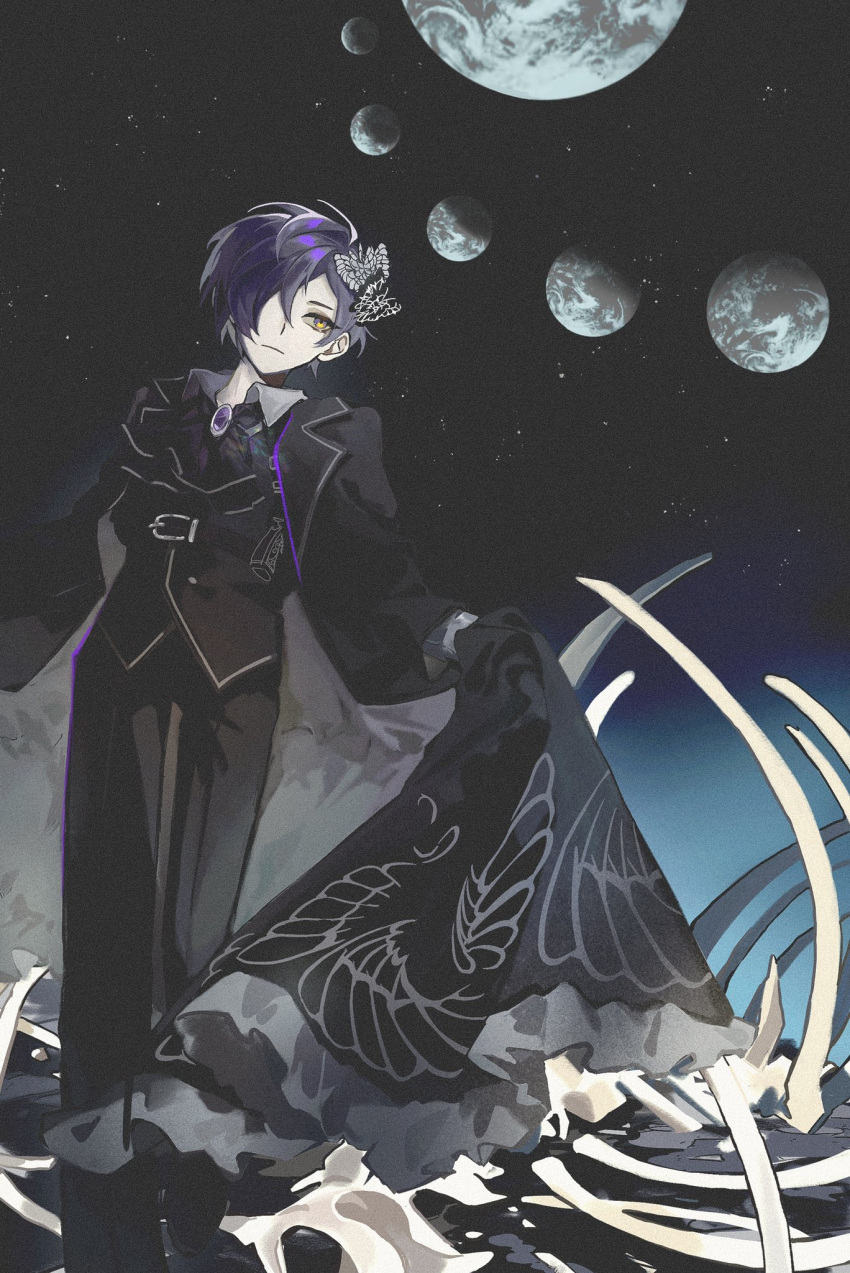 1boy ascot black_ascot black_coat black_gloves black_pants black_vest bone closed_mouth coat e.g.o_(project_moon) frilled_coat frills full_moon gloves hair_over_one_eye highres kyohee83 library_of_ruina long_sleeves looking_to_the_side moon moon_phases night night_sky pants project_moon purple_hair ribs short_hair sky solo vest yellow_eyes yesod_(project_moon)