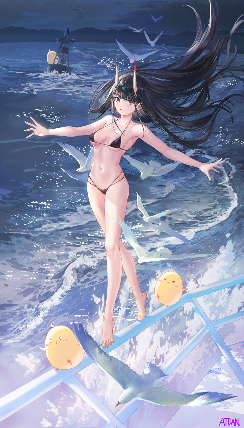 1girl absurdres animal armpits atdan azur_lane bare_arms bare_legs bare_shoulders barefoot beach bikini bird black_bikini black_hair breasts buoy chick cleavage closed_mouth collarbone feet floating_hair full_body halter_top halterneck highres horns legs long_hair looking_at_viewer manjuu_(azur_lane) medium_breasts multi-strapped_bikini navel night noshiro_(azur_lane) off_shoulder oni_horns outdoors outstretched_arms purple_eyes seagull smile solo spread_toes standing stomach strap_gap string_bikini swimsuit thighs tiptoes toes very_long_hair