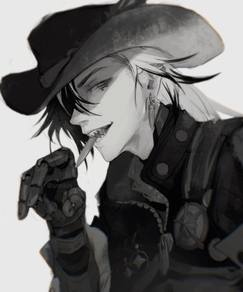 1boy annikin boothill_(honkai:_star_rail) bullet bullet_in_mouth ear_piercing earrings greyscale hair_over_one_eye hat highres honkai:_star_rail honkai_(series) jewelry looking_at_viewer monochrome multicolored_hair piercing police_badge sharp_teeth simple_background solo split-color_hair teeth two-tone_hair zipper