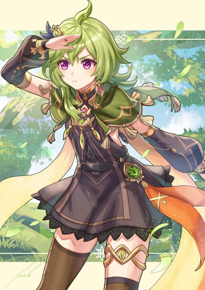 1girl absurdres ahoge anbe_yoshirou asymmetrical_hair bangs collei_(genshin_impact) detached_sleeves determined flat_chest gem genshin_impact green_hair hair_between_eyes hair_ornament highres jewelry long_sleeves medium_hair messy_hair purple_eyes sidelocks solo tassel thighhighs thighs vision_(genshin_impact)