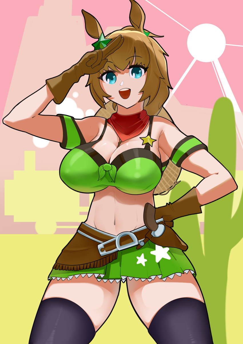 1girl absurdres animal_ears aqua_eyes arm_strap armpits bandana bare_shoulders blush breasts brown_gloves brown_hair cactus cleavage commentary_request cowboy_hat cowboy_shot desert gloves gradient_background green_skirt grin groin hair_between_eyes hair_ornament hand_on_own_hip hat highres holster horse_ears horse_girl horse_tail large_breasts linea_alba looking_at_viewer medium_hair midriff navel one_eye_closed open_mouth outdoors ponytail red_bandana salute skirt smile sun taiki_shuttle_(umamusume) tail two-finger_salute two-tone_background umamusume upper_body weapon zhaod