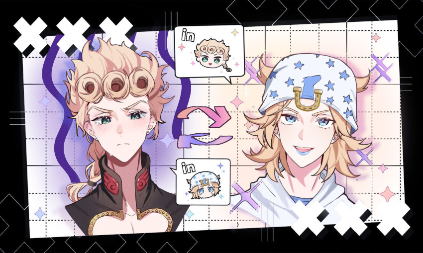 2boys blonde_hair blue_eyes blue_lips braid braided_ponytail chibi chibi_inset chuchumimipupu commentary_request earrings frown giorno_giovanna green_eyes hat highres horseshoe jewelry johnny_joestar jojo_no_kimyou_na_bouken light_blush lipstick makeup male_focus multiple_boys open_mouth single_braid smile sparkling_aura star_(symbol) star_print steel_ball_run stud_earrings vento_aureo