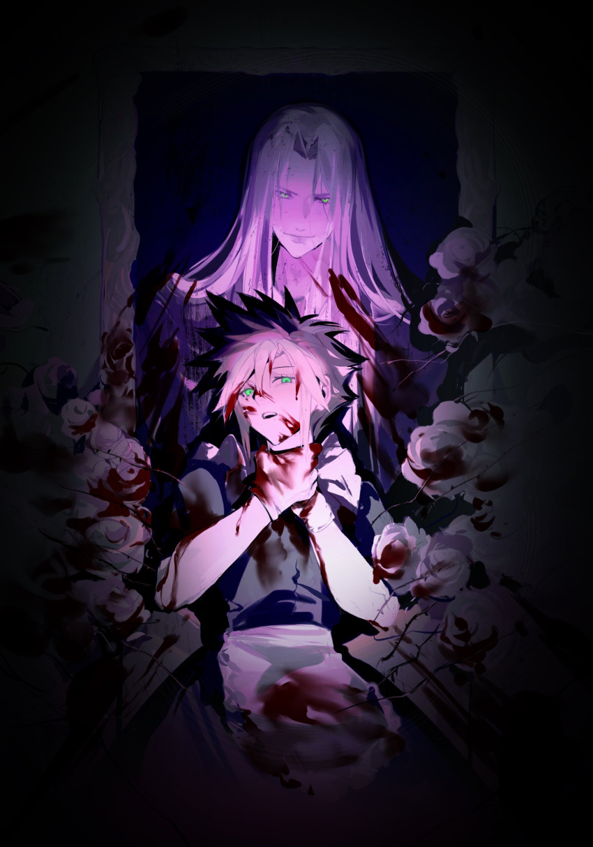 2boys absurdres alternate_universe apron blonde_hair blood blood_on_arm blood_on_clothes blood_on_face blood_on_flower blood_on_hands chinese_commentary cloud_strife commentary_request crossdressing darkness dress final_fantasy final_fantasy_vii flower fui_(fui29493452) glowing glowing_eyes green_eyes grey_hair hand_on_own_neck highres long_bangs long_hair maid maid_apron male_focus multiple_boys open_mouth parted_bangs picture_frame rose sephiroth slit_pupils thorns white_flower white_rose