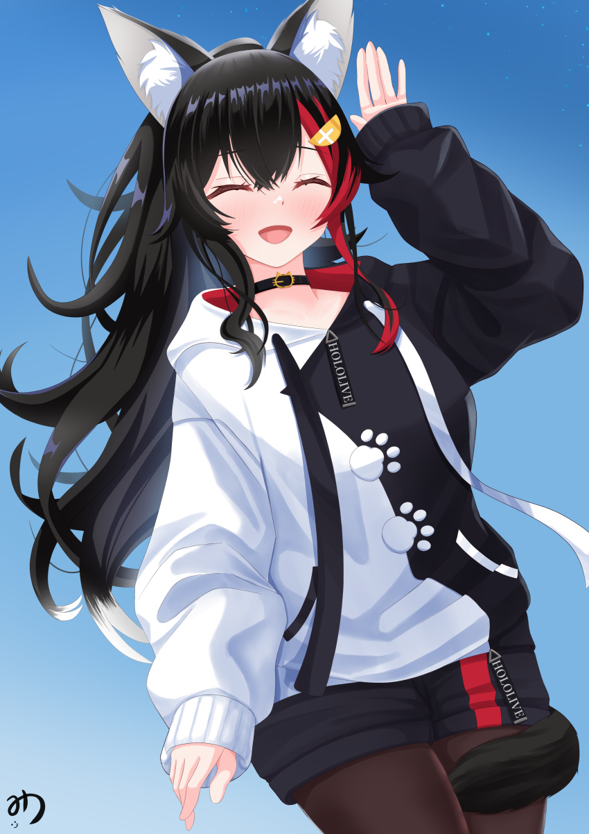 1girl absurdres animal_ear_fluff animal_ears black_collar black_hair black_hoodie black_pantyhose blue_sky closed_eyes collar hair_ornament hairpin highres hololive hood hoodie long_hair looking_at_viewer multicolored_hair muutsu_(maxwell0916) official_alternate_costume ookami_mio ookami_mio_(casual) open_mouth pantyhose ponytail red_hair sky smile solo streaked_hair tail tail_around_own_leg two-tone_hoodie virtual_youtuber white_hoodie wolf_ears wolf_girl wolf_tail