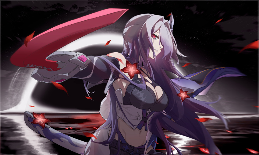 1girl absurdres acheron_(honkai:_star_rail) black_choker black_gloves black_hair black_hole body_markings choker coat detached_sleeves flower gloves gradient_hair hair_over_one_eye hakusama233 highres holding holding_sword holding_weapon honkai:_star_rail honkai_(series) long_hair midriff multicolored_hair navel purple_hair red_eyes red_flower sheath single_bare_shoulder solo stomach sword unsheathed weapon white_coat white_hair