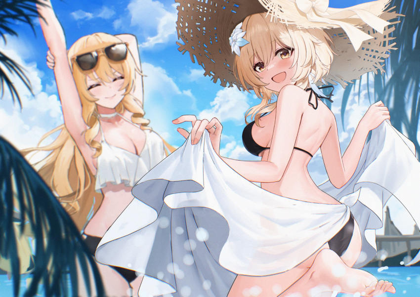 2girls ayul_(ayulneri_92) bare_shoulders bikini black_bikini blonde_hair blue_sky breasts closed_eyes flower genshin_impact hair_flower hair_ornament hat highres long_hair looking_at_viewer looking_back lumine_(genshin_impact) medium_breasts multiple_girls navia_(genshin_impact) open_mouth sarong short_hair_with_long_locks sidelocks sky smile straw_hat sunglasses swimsuit white_sarong yellow_eyes