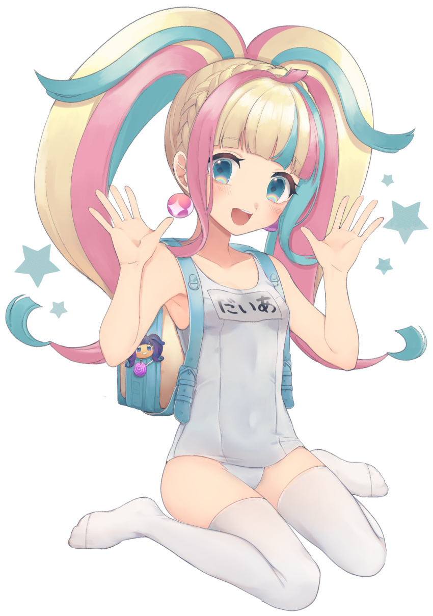 1girl :d ahoge backpack bad_id bad_twitter_id bag bag_charm bare_shoulders blonde_hair blue_bag blue_eyes blue_hair blunt_bangs blush braid breasts character_charm charm_(object) covered_navel crown_braid daia_(pri_chan) earrings full_body hands_up highres jewelry kiratto_pri_chan kuro_daia_(pri_chan) long_hair looking_at_viewer multicolored_hair name_tag no_shoes old_school_swimsuit one-piece_swimsuit open_hands open_mouth pink_hair pretty_series randoseru school_swimsuit shiyurinpu sidelocks simple_background sitting small_breasts smile solo star_(symbol) streaked_hair swimsuit thighhighs twintails very_long_hair wariza white_one-piece_swimsuit white_thighhighs