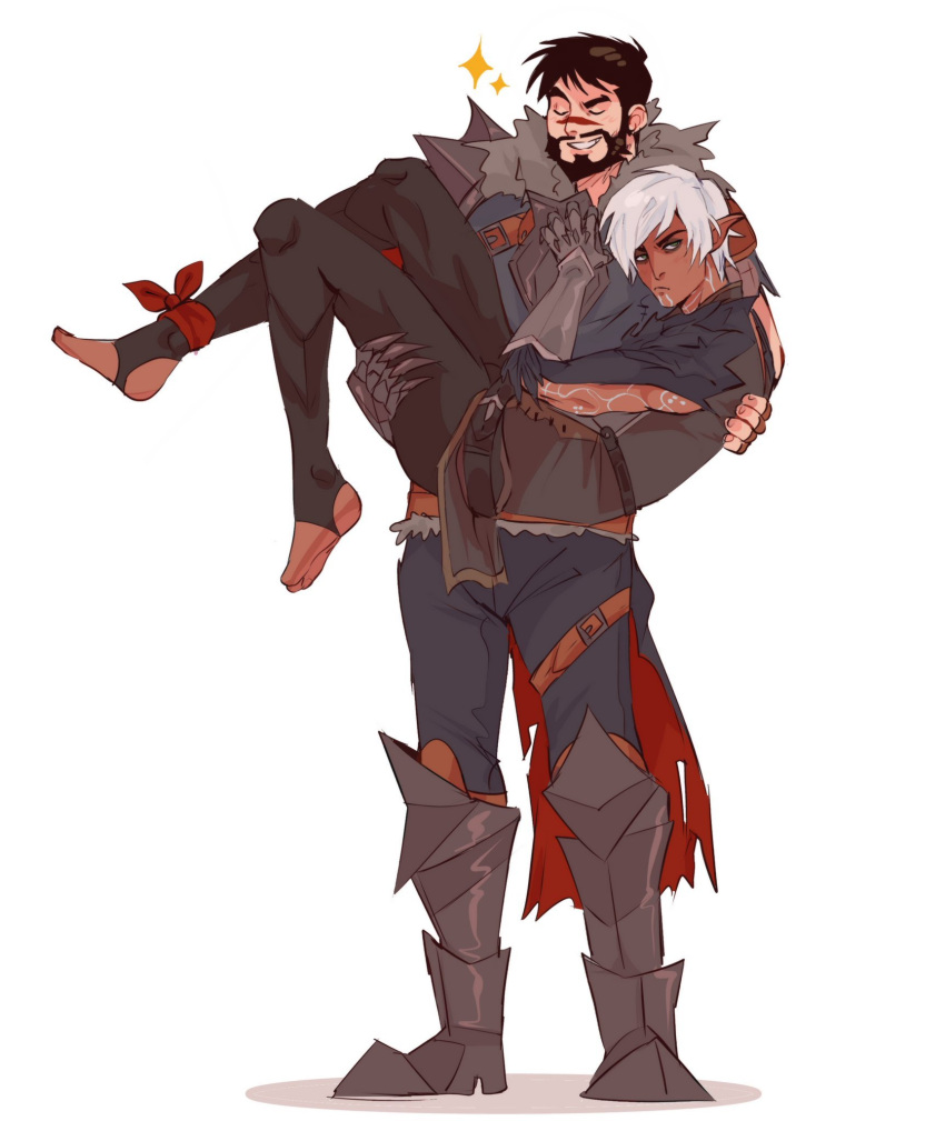 2boys armor beard black_hair carrying carrying_person closed_eyes couple dark-skinned_male dark_skin dragon_age dragon_age_2 elf facial_hair facial_mark fenris_(dragon_age_2) full_beard full_body fur-trimmed_armor fur_trim garrett_hawke green_eyes highres lunehowls male_focus mature_male multiple_boys neck_tattoo pointy_ears princess_carry short_hair shoulder_tattoo simple_background smile sparkle tattoo white_background white_hair yaoi