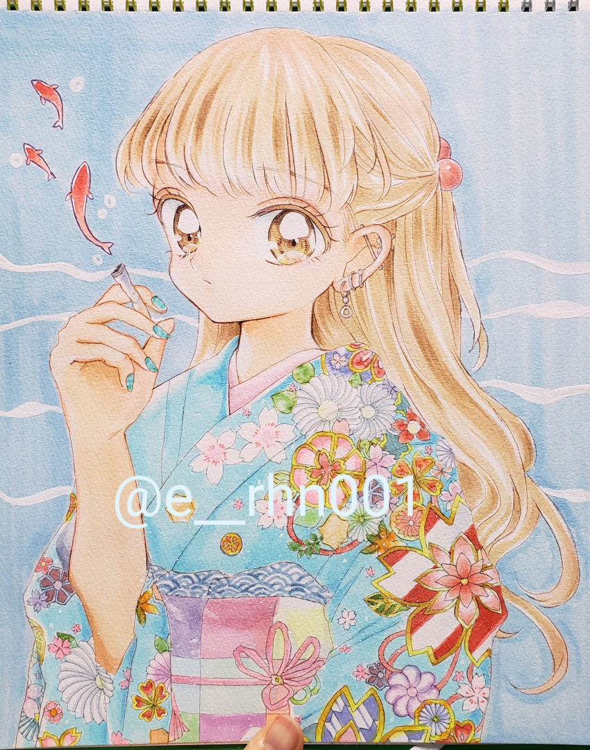 1girl absurdres aqua_nails artist_name blonde_hair e_rhn001 ear_piercing earrings expressionless fish floral_print floral_print_kimono flower green_flower highres holding japanese_clothes jewelry kimono leaf looking_at_viewer marker_(medium) obi original piercing pink_flower print_kimono purple_flower red_flower sash solo surreal traditional_media upper_body white_flower yellow_eyes