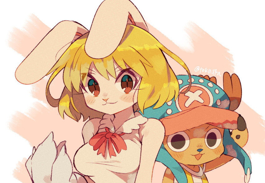 1boy 1girl animal_ears antlers blonde_hair bow bowtie brown_eyes carrot_(one_piece) commentary_request cross hat highres horns looking_at_viewer one_piece rabbit_ears rabbit_girl reindeer_antlers shirt short_hair simple_background sleeveless smile tokuura tony_tony_chopper twitter_username upper_body white_shirt