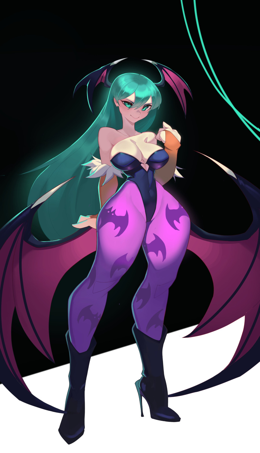 1girl absurdres animal_ears animal_print bat_ears bat_print breasts cleavage demon_girl green_eyes green_hair high_heels highres long_legs looking_at_viewer morrigan_aensland roxy_thefoxy slit_pupils thighs vampire_(game)