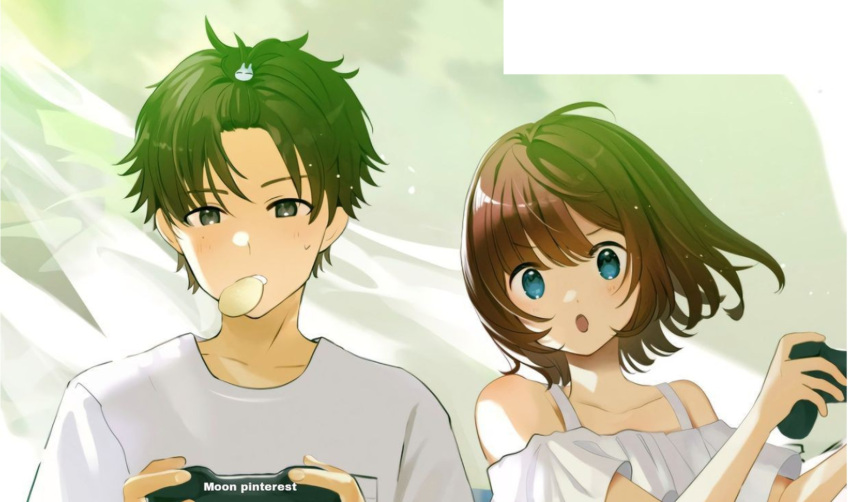 1boy 1girl :o artist_request bare_shoulders black_eyes black_hair blue_eyes brown_hair character_request chips controller dress eating food forehead highres joystick mouth_hold open_mouth potato_chips shirt short_hair source_request t-shirt third-party_edit third-party_source third-party_watermark white_dress white_shirt