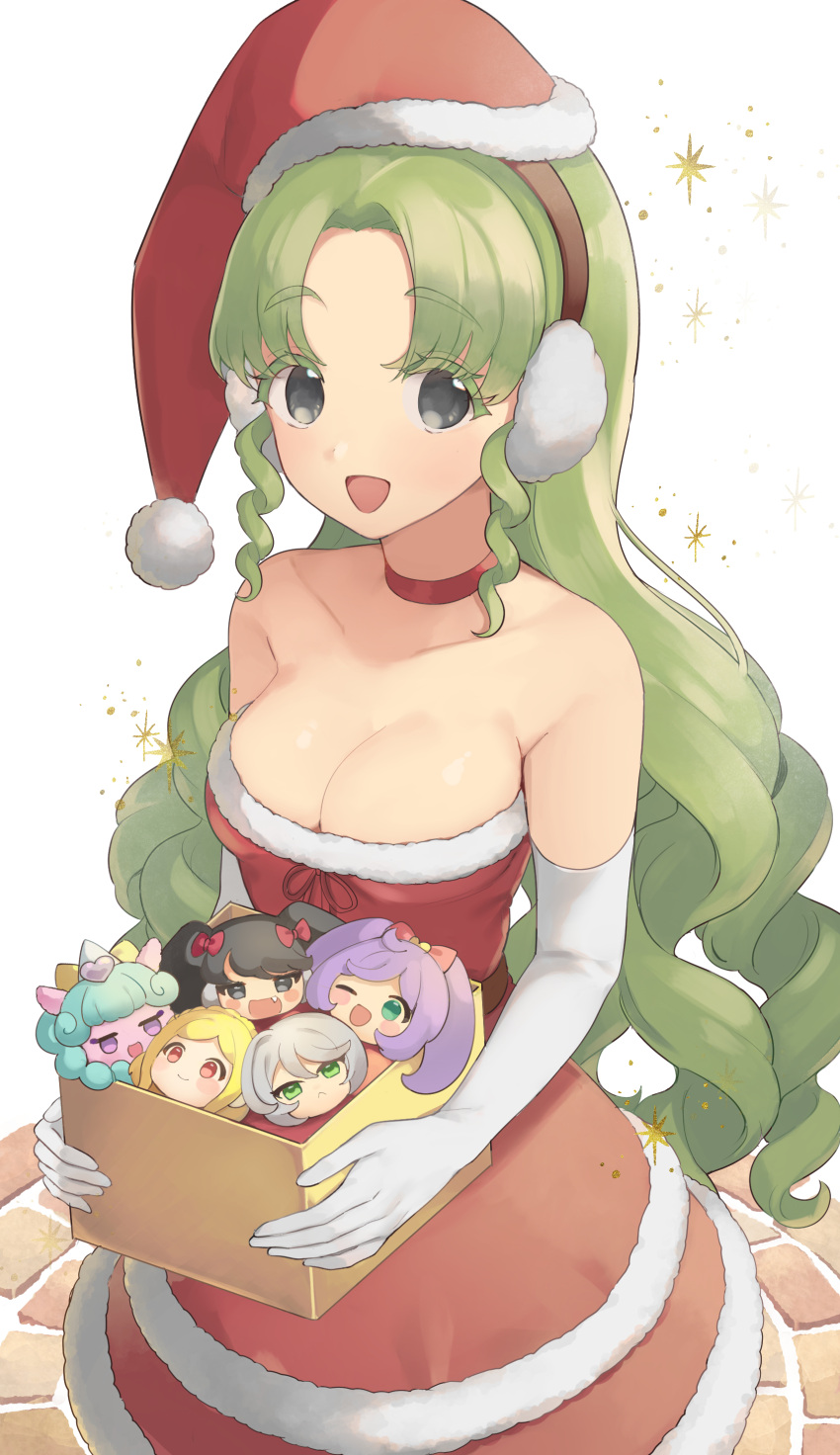 1girl :d absurdres bad_id bad_twitter_id bare_shoulders box breasts brick_floor character_doll choker cleavage colored_eyelashes commentary_request dress earmuffs elbow_gloves falulu falulu_(awakened) fur-trimmed_dress fur-trimmed_headwear fur_trim gaaruru_(pripara) gloves green_hair grey_eyes hair_down hat highres holding holding_box inactive_account large_breasts long_hair looking_at_viewer manaka_laala midorikaze_fuwari open_mouth parted_bangs pom_pom_(clothes) pretty_series pripara red_choker red_dress red_hat santa_costume santa_hat shikyoin_hibiki shiyurinpu sidelocks smile solo standing strapless strapless_dress unicorn_(pripara) very_long_hair white_gloves