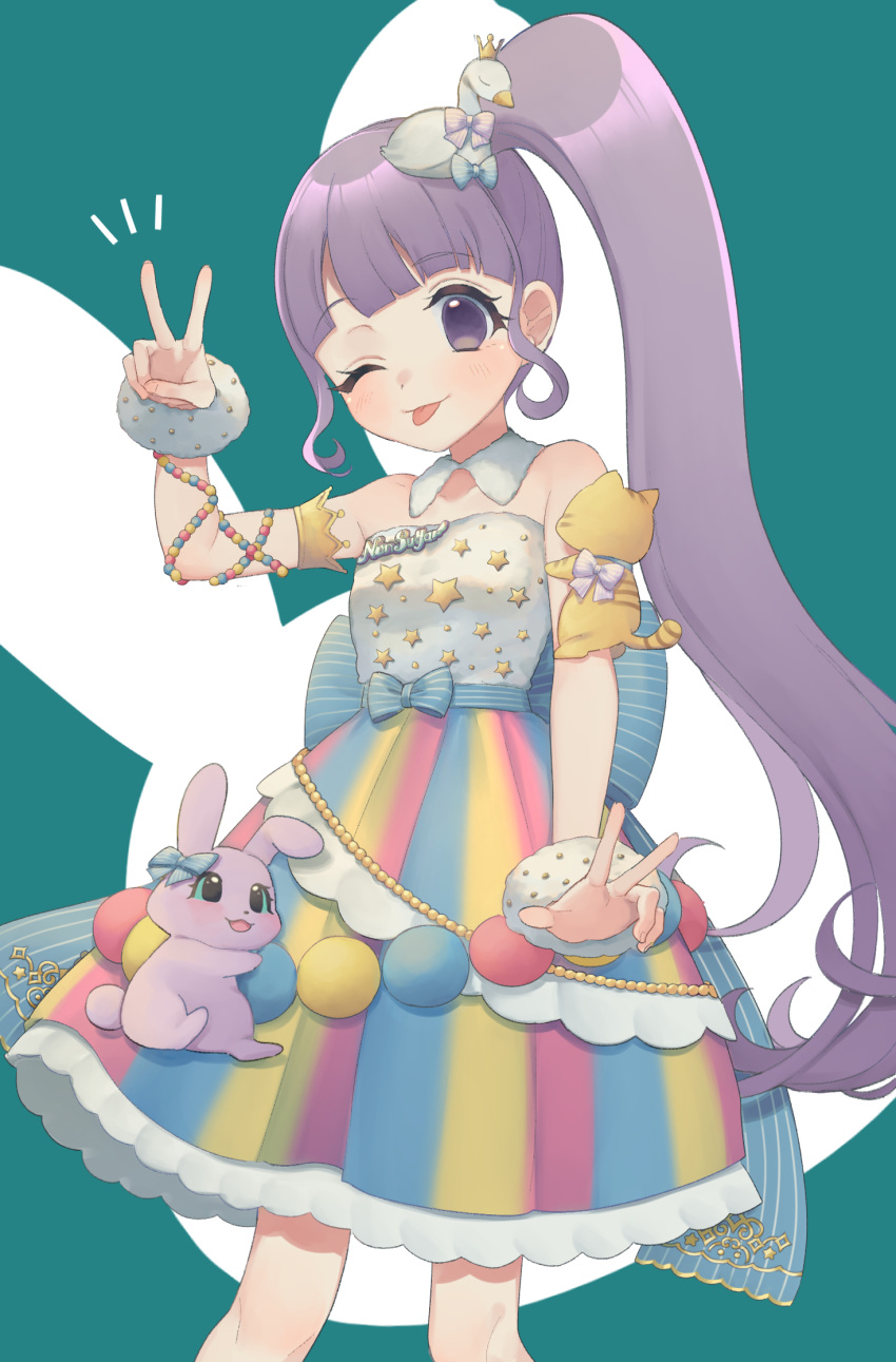 1girl ;p bad_id bad_twitter_id bird_hair_ornament blunt_bangs cowboy_shot detached_collar dress group_name hair_ornament hand_up highres long_hair looking_at_viewer manaka_non notice_lines one_eye_closed pretty_series pripara purple_eyes purple_hair shiyurinpu side_ponytail smile solo standing star_(symbol) star_print strapless strapless_dress tongue tongue_out v very_long_hair w