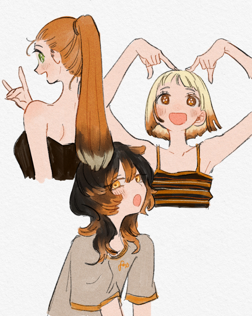 3girls absurdres arms_up bare_arms bare_shoulders black_hair blonde_hair camisole colored_tips commentary cropped_torso flat_chest fox_shadow_puppet fukujumaru green_eyes grey_shirt heart_arms highres long_hair looking_at_viewer looking_back medium_hair multicolored_hair multiple_girls open_mouth orange_eyes orange_hair original ponytail shirt short_hair short_sleeves simple_background sleeveless spaghetti_strap strapless striped_camisole t-shirt two-tone_hair white_background yellow_eyes