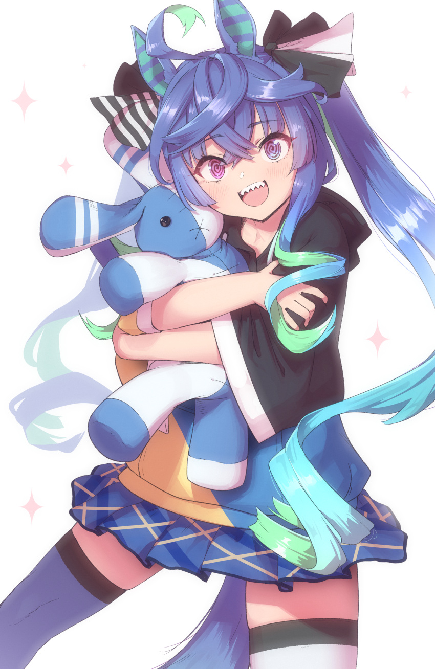 1girl @_@ absurdres ahoge animal_ears aqua_hair asymmetrical_legwear blue_eyes blue_hair blue_skirt blue_thighhighs bow casual commentary_request cowboy_shot crossed_bangs hair_between_eyes hair_bow heterochromia highres hood hoodie horse_ears horse_girl horse_tail hugging_object long_hair looking_at_viewer miniskirt mismatched_legwear multicolored_clothes multicolored_hair multicolored_hoodie open_mouth pleated_skirt purple_eyes sharp_teeth sidelocks simple_background skirt sleeves_past_elbows solo sparkle striped_bow stuffed_animal stuffed_rabbit stuffed_toy tail teeth thighhighs twin_turbo_(umamusume) twintails two-tone_hair umamusume upper_teeth_only very_long_hair white_background white_thighhighs yana_(nekoarashi)