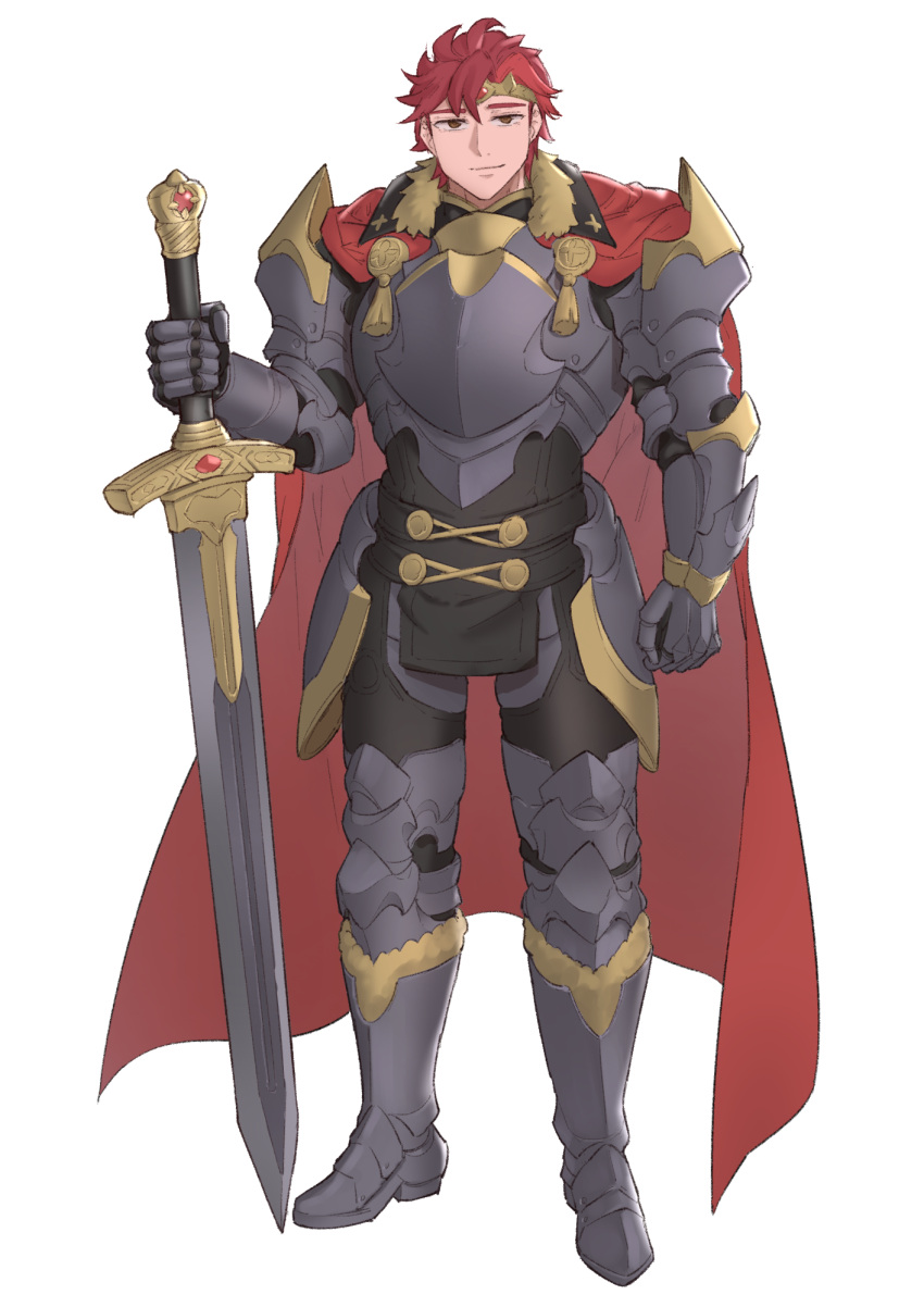 1boy amor armor armored_boots boots cape diamant_(fire_emblem) ebinku fire_emblem fire_emblem_engage full_body fur_trim gloves highres holding holding_sword holding_weapon king looking_at_viewer male_focus red_eyes red_hair short_hair shoulder_armor simple_background smile sword weapon white_background
