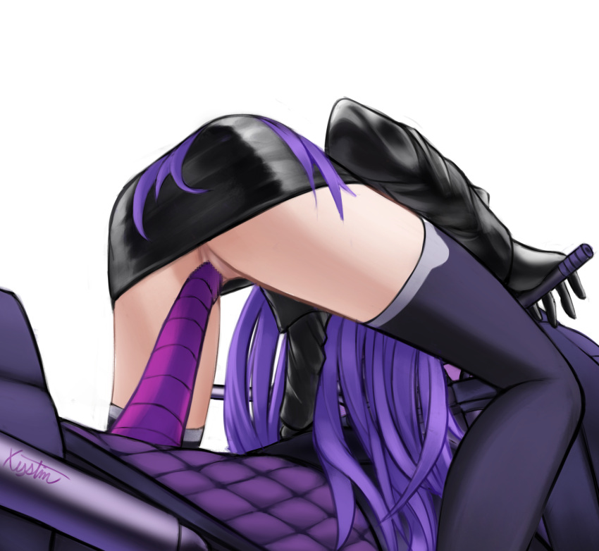 artist_name black_gloves dildo dragoon_(girls'_frontline) girls'_frontline gloves highres jacket long_hair motor_vehicle motorcycle object_insertion pencil_skirt purple_hair pussy sangvis_ferri sex_toy signature skirt thighhighs vaginal vaginal_object_insertion very_long_hair xystim