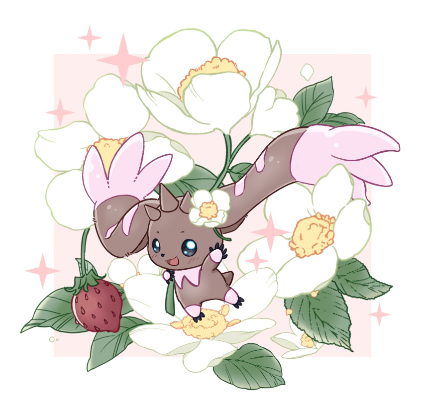 animal_ears black_eyes brown_footwear commentary_request digimon digimon_(creature) flower highres holding holding_flower horns lop_rabbit_ears lopmon oversized_flower rabbit_ears smile solo sparkle tail white_background yagi_kiki