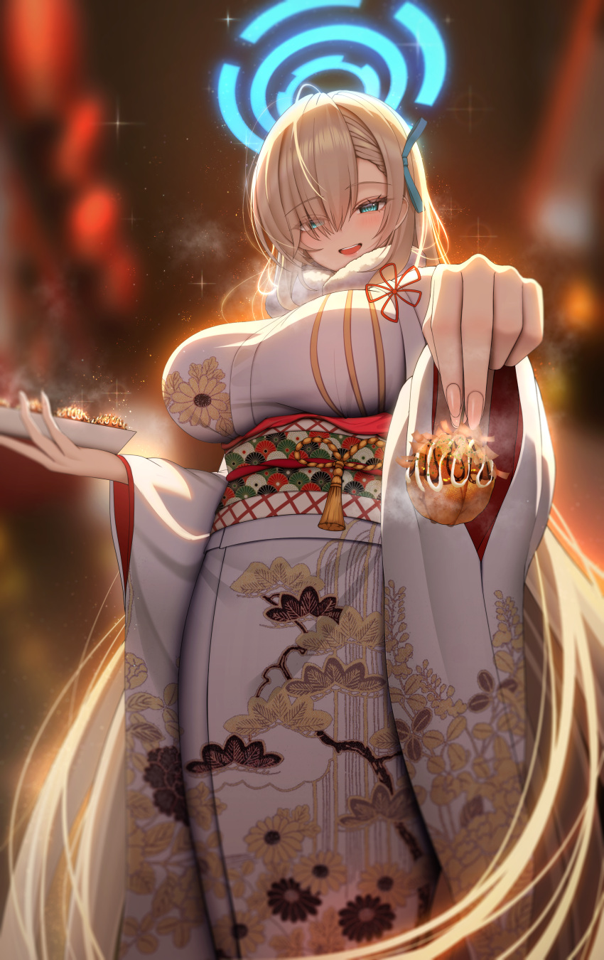 1girl absurdres asuna_(blue_archive) blonde_hair blue_archive blue_eyes blurry blurry_background blush breasts fireworks floral_print food hair_ornament hair_over_one_eye halo highres holding incoming_food japanese_clothes kimono large_breasts light_brown_hair long_hair long_sleeves looking_at_viewer momoriko obi open_mouth ribbon robe sash smile solo summer_festival takoyaki very_long_hair white_kimono wide_sleeves yukata