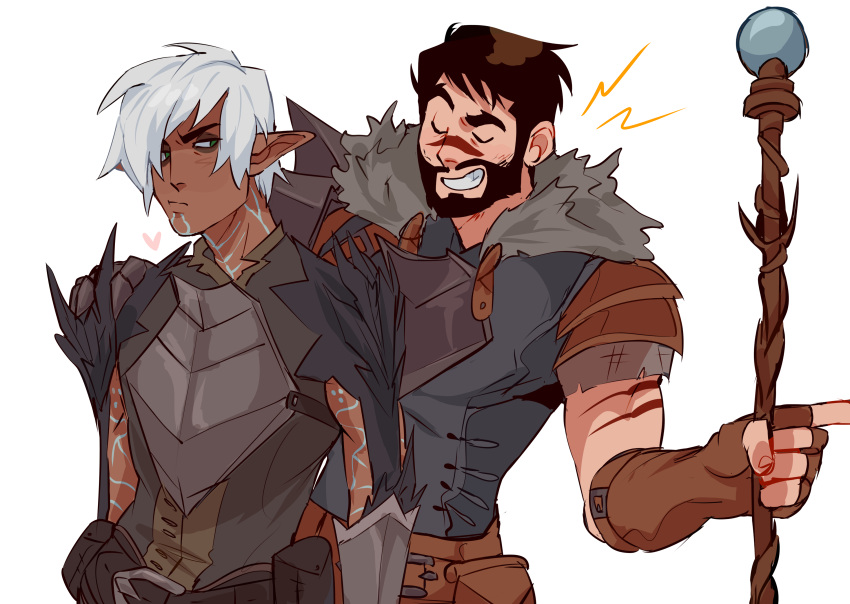 2boys absurdres armor beard black_hair closed_eyes couple dark-skinned_male dark_skin dragon_age dragon_age_2 elf facial_hair facial_mark fenris_(dragon_age_2) full_beard fur-trimmed_armor fur_trim garrett_hawke green_eyes heart highres holding holding_staff lunehowls male_focus mature_male multiple_boys neck_tattoo pointy_ears short_hair shoulder_tattoo simple_background smile staff tattoo upper_body white_background white_hair yaoi