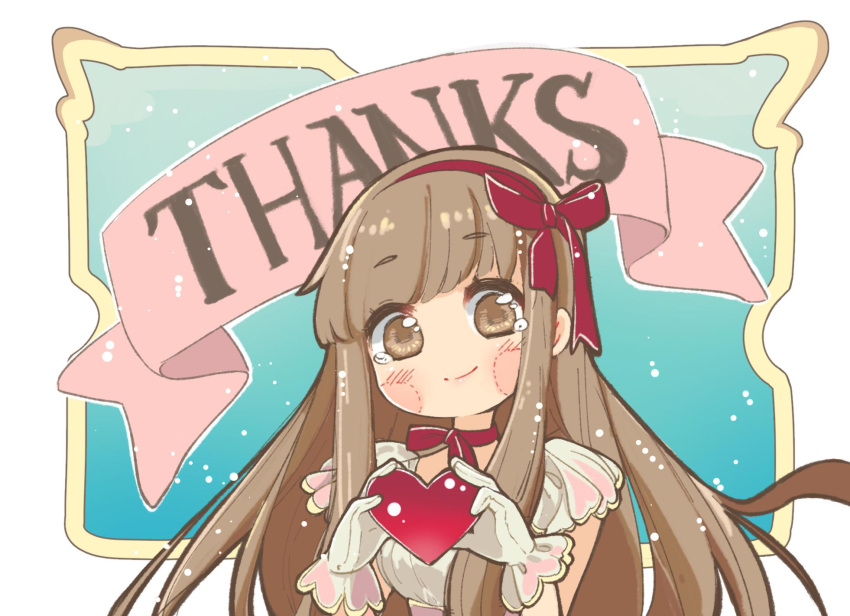 1girl angelica_(k3lly) blunt_bangs blush_stickers brown_eyes brown_hair choker dress english_commentary english_text gloves hairband happy_tears heart highres holding holding_heart k3lly long_hair looking_at_viewer original puffy_short_sleeves puffy_sleeves red_choker red_hairband red_ribbon ribbon ribbon_choker short_sleeves smile solo tears thank_you upper_body white_dress white_gloves