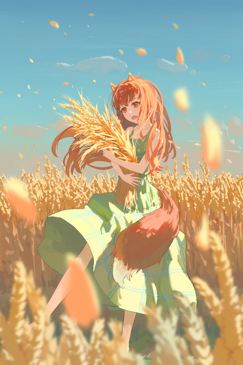 1girl :o absurdres alternate_costume animal_ears bare_arms blue_sky blunt_bangs blurry blush brown_eyes brown_hair chinese_commentary commentary_request day depth_of_field dress fang feet_out_of_frame floating_hair green_dress highres holding_wheat holo long_hair looking_at_object open_mouth outdoors plaid plaid_dress skin_fang sky sleeveless sleeveless_dress solo spice_and_wolf standing tail tsurime very_long_hair wheat wheat_field wind wind_lift wolf_ears wolf_girl wolf_tail zec0606