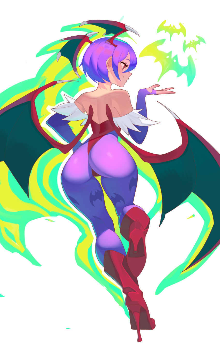 absurdres animal_ears animal_print ass bat_ears bat_print bat_wings demon_girl from_behind high_heels highres light_smile lilith_aensland purple_hair red_eyes red_footwear roxy_thefoxy short_hair thighs vampire_(game) wings