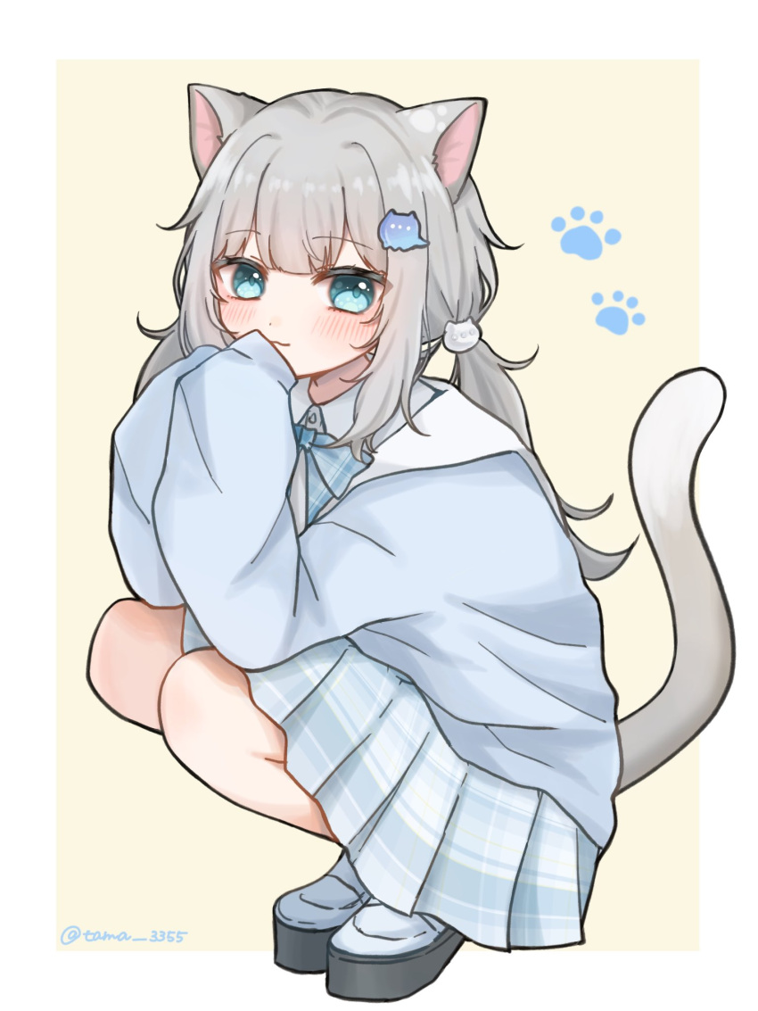 1girl :3 animal_ears blue_eyes blush bow bowtie cat_ears cat_girl cat_hair_ornament cat_tail collared_shirt grey_hair hair_ornament highres indie_virtual_youtuber long_hair long_sleeves looking_at_viewer low_twintails nachoneko paw_print plaid plaid_bow plaid_bowtie plaid_skirt shirt skirt smile solo squatting tail tama_3355 twintails virtual_youtuber