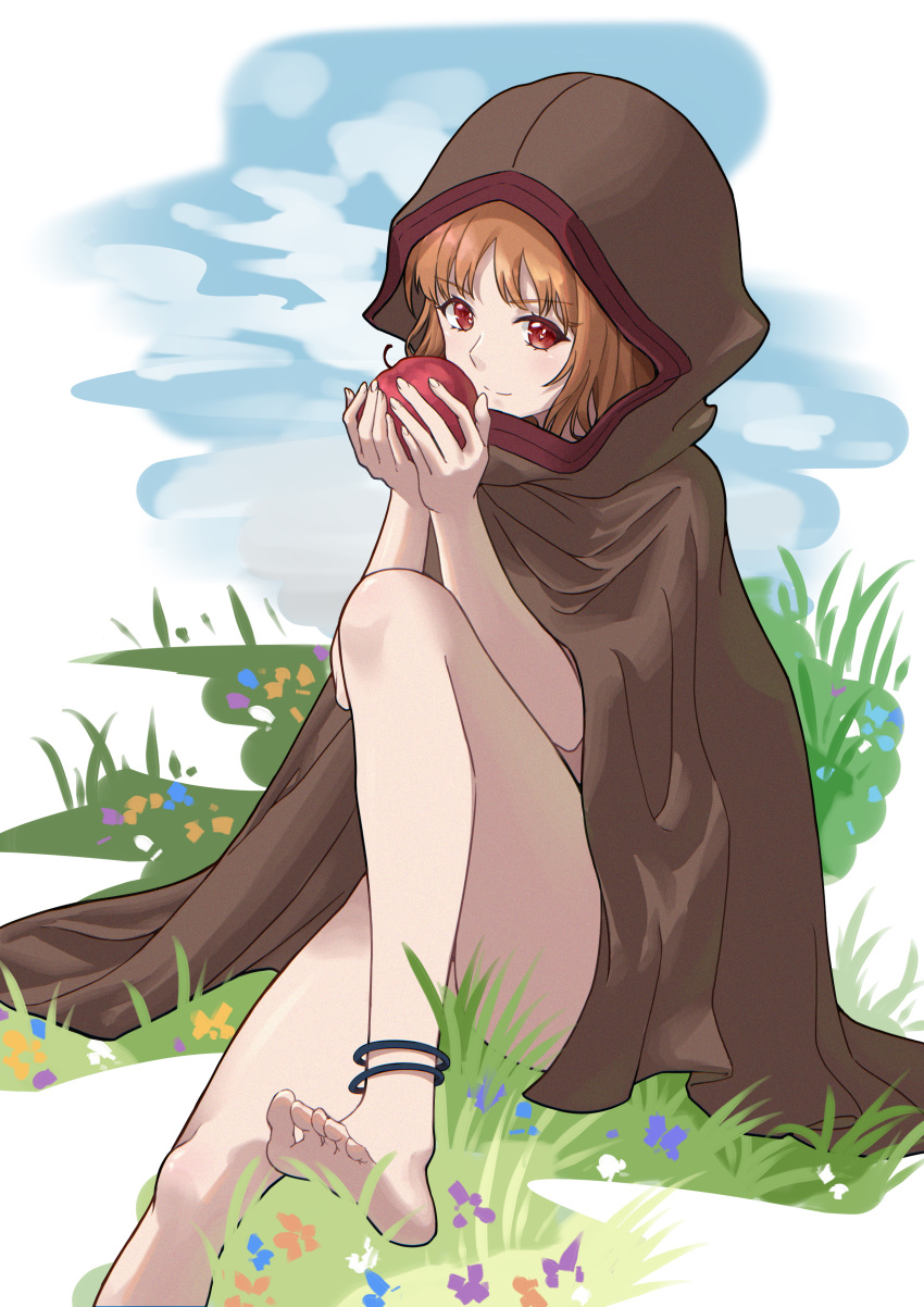 &gt;:) 1girl absurdres anklet apple barefoot bright_pupils brown_cloak brown_hair chinese_commentary cloak commentary_request convenient_censoring convenient_leg day feet food foot_out_of_frame fruit grass hands_up heart heart-shaped_pupils highres holding holding_food holding_fruit holo hood hood_up jewelry knee_up long_hair looking_at_viewer making-of_available nose on_grass outdoors own_hands_together red_apple red_eyes senbonsang sitting smile soles solo spice_and_wolf split_mouth symbol-shaped_pupils thighs toes v-shaped_eyebrows very_long_hair white_pupils
