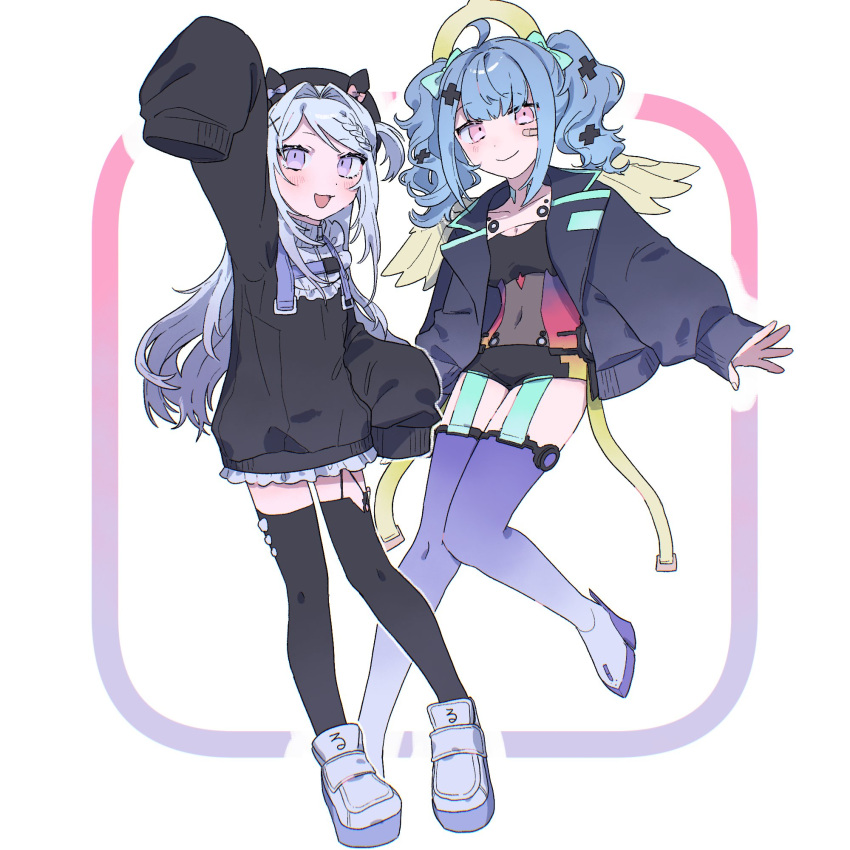 2girls ahoge angel_wings arm_up bandaid bandaid_on_face beret black_hat black_hoodie black_thighhighs blue_hair braid closed_mouth commission covered_navel hair_intakes hair_ornament hat heavenrend highres hood hoodie indie_virtual_youtuber kkcyber long_hair looking_at_viewer medium_hair mimimi_mny multiple_girls open_mouth pink_eyes purple_eyes purple_footwear purple_thighhighs second-party_source simple_background skeb_commission sleeves_past_fingers sleeves_past_wrists smile thighhighs virtual_youtuber wings x_hair_ornament yellow_wings yumemi_rurumi