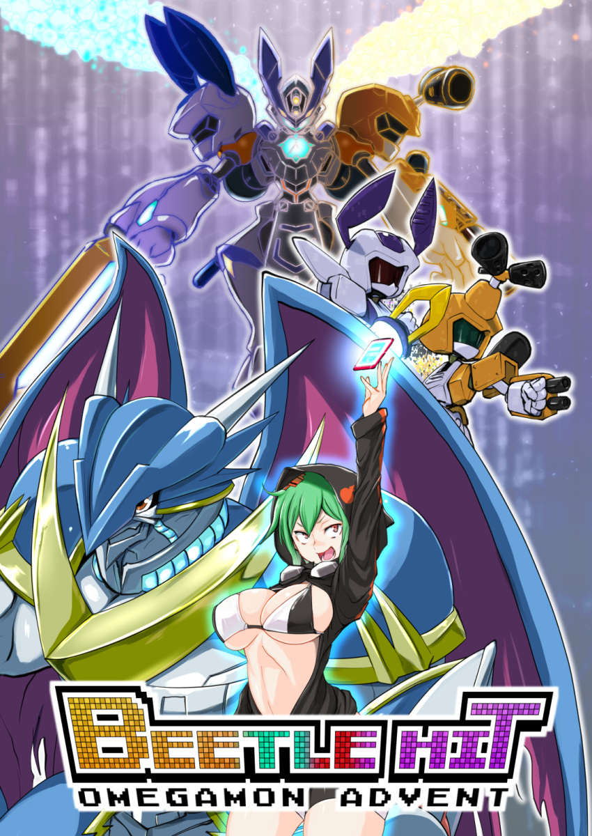 1girl a-pose akeikou arm_blade arm_cannon arm_up armor assault_visor bike_shorts black_jacket blue_armor blue_skin bra breasts cellphone chest_jewel cleavage colored_skin commentary_request cover cover_page cowboy_shot digimon digimon_world_re:digitize doujin_cover dragon dragon_wings energy_wings glowing glowing_eyes goggles goggles_around_neck gradient_background green_hair hair_between_eyes hair_ornament highres holographic_clothing hood hood_up hooded_jacket humanoid_robot jacket large_breasts long_sleeves looking_up metabee navel omedamon open_mouth partially_unzipped phone red_eyes robot rokusho_(medarot) shinomiya_rina short_hair short_hair_with_long_locks shoulder_armor sidelocks simple_background smartphone standing stomach ulforcev-dramon underwear weapon white_background white_bra wings