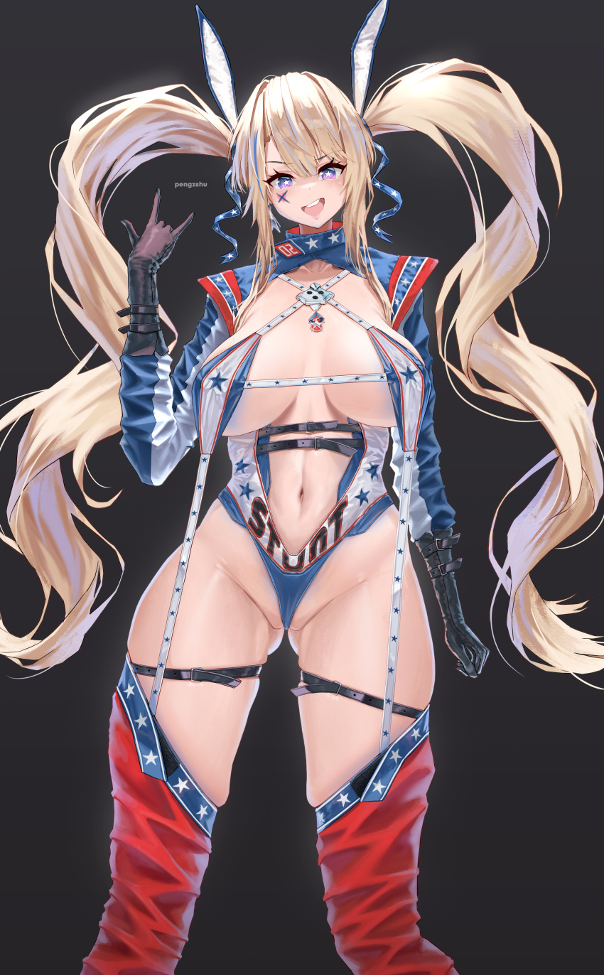 1girl \m/ absurdres alternate_costume ass_visible_through_thighs azur_lane black_background black_gloves blonde_hair blue_eyes breasts clothing_cutout cowboy_shot criss-cross_halter gloves guam_(azur_lane) halterneck hand_up highleg highleg_leotard highres jacket large_breasts leotard long_hair multicolored_clothes multicolored_jacket navel navel_cutout pengzshu red_thighhighs teeth thigh_strap thighhighs twintails two-tone_jacket upper_teeth_only