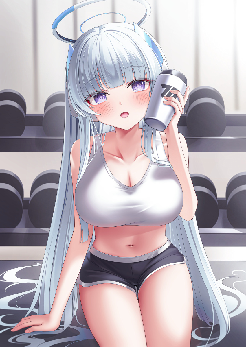 1girl absurdres alternate_costume black_shorts blue_archive blush bottle breasts cleavage collarbone dolphin_shorts dumbbell grey_hair halo headgear highres holding holding_bottle indoors large_breasts long_hair looking_at_viewer navel noa_(blue_archive) purple_eyes shira_jun short_shorts shorts sitting solo sports_bra stomach straight_hair very_long_hair white_sports_bra