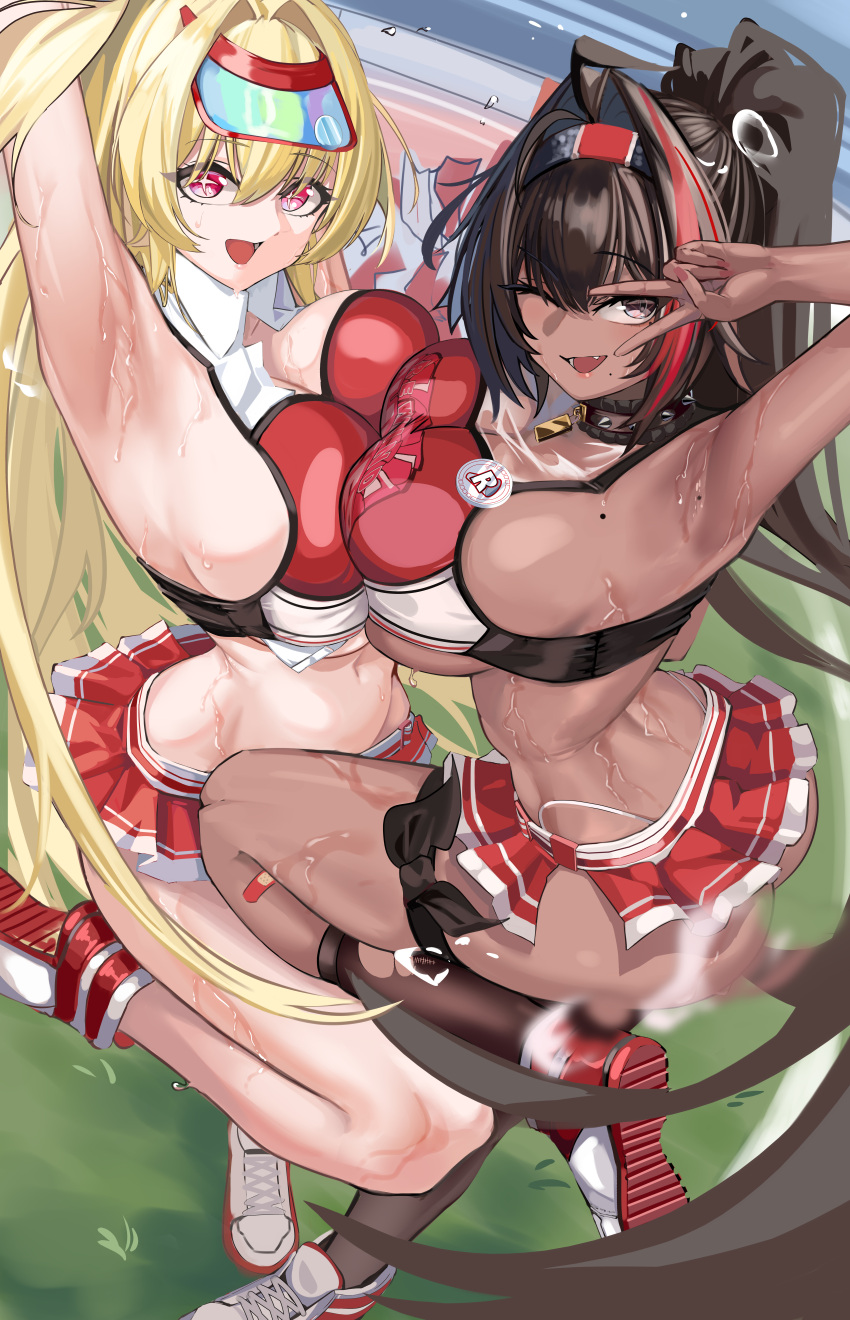 2girls absurdres armpits ass bandaid bay_(nikke) blonde_hair breast_press breasts brown_eyes brown_hair cheerleader clay_(nikke) cleavage goddess_of_victory:_nikke highleg highleg_panties highres large_breasts long_hair looking_at_viewer miniskirt mole mole_on_armpit mole_on_breast mole_under_mouth multicolored_hair multiple_girls panties red_eyes red_streaks shoes sideboob skirt slug_1356 stadium stomach streaked_hair sweat sweaty_armpits symmetrical_docking thighhighs thighs thong torn_clothes torn_socks two-tone_skirt underboob underwear v visor_cap