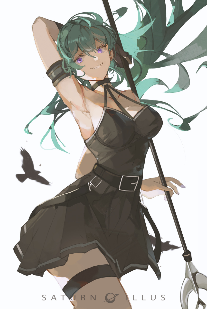 1girl absurdres arm_up armpits artist_name bare_shoulders belt bird black_belt black_dress breasts choker cmdr_saturn cowboy_shot crow dress english_commentary gloves green_hair grey_background grin highres holding holding_weapon long_hair looking_ahead medium_breasts o-ring o-ring_choker pleated_dress presenting_armpit purple_eyes simple_background single_glove smile solo sousou_no_frieren standing thigh_strap ubel_(sousou_no_frieren) weapon