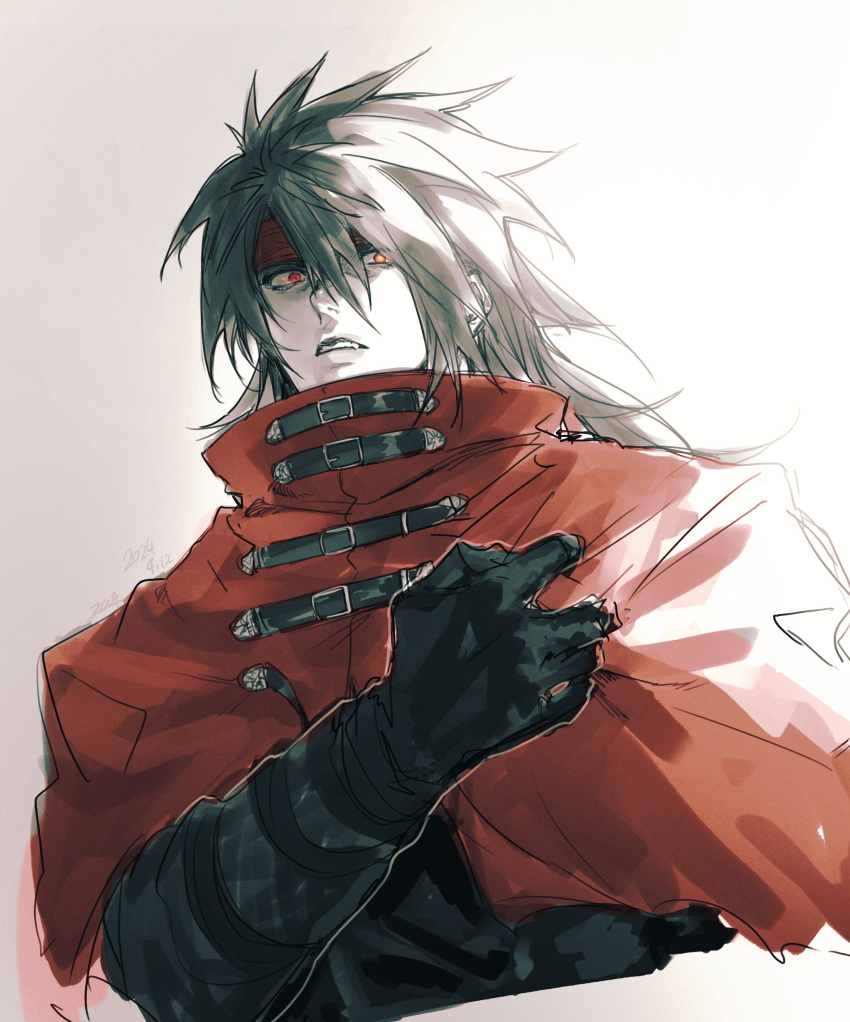 1boy absurdres belt black_hair cape cloak clutching_chest fang final_fantasy final_fantasy_vii final_fantasy_vii_rebirth final_fantasy_vii_remake gauntlets gloves glowing glowing_eyes gradient_background headband highres long_hair looking_at_viewer male_focus multiple_belts parted_lips red_cape red_cloak red_eyes red_headband single_gauntlet teeth upper_body upper_teeth_only vincent_valentine zakkuchan