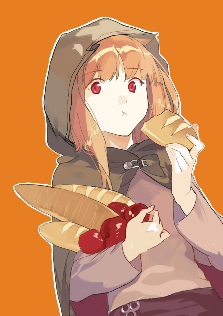 1girl :t absurdres animal_ears apple blunt_bangs bread bright_pupils brown_cloak brown_hair brown_shirt chinese_commentary cloak closed_mouth commentary_request derivative_work eating food fruit hands_up highres holding holding_food holding_fruit holo hood hood_up long_hair long_sleeves looking_at_viewer orange_background red_apple red_eyes shenhaiqiqudan shirt simple_background solo spice_and_wolf upper_body wolf_ears wolf_girl