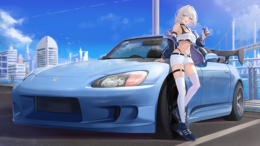 1girl absurdres arikawa_rui bare_shoulders black_sports_bra blue_car blue_eyes blue_footwear blue_jacket blue_sky building can car cloud cloudy_sky crop_top cross-laced_footwear day full_body grey_hair highleg highres holding holding_can jacket leaning_against_vehicle looking_at_viewer midriff motor_vehicle navel open_mouth original race_queen race_vehicle racecar shirt short_hair short_shorts shorts single-shoulder_shirt single_off_shoulder sky solo sports_bra standing thigh_strap thighhighs vehicle_request white_shorts white_thighhighs