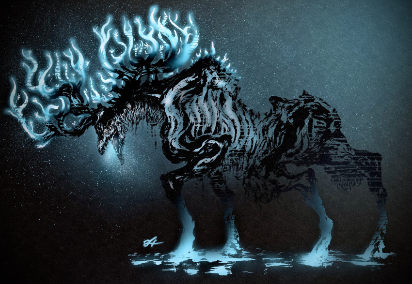 absurdres ancestor_spirit_(elden_ring) animal animal_focus animal_skeleton antlers blue_theme breath deadpool_yuchan deer elden_ring elk emaciated full_body glowing glowing_horns gradient_background highres horns light_particles monster no_humans open_mouth signature solo