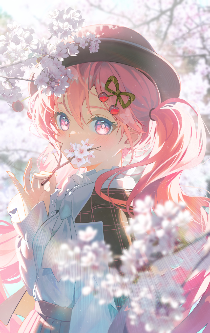 1girl absurdres black_hat blurry branch cherry_blossoms cherry_hair_ornament commentary dangle_earrings depth_of_field earrings flower-shaped_pupils food-themed_hair_ornament hair_ornament hand_up hatsune_miku highres holding holding_branch hya_ro jewelry long_hair long_sleeves looking_at_viewer looking_back pink_eyes pink_hair pink_skirt pink_theme sakura_miku shirt shirt_tucked_in skirt solo symbol-shaped_pupils twintails upper_body vocaloid white_shirt