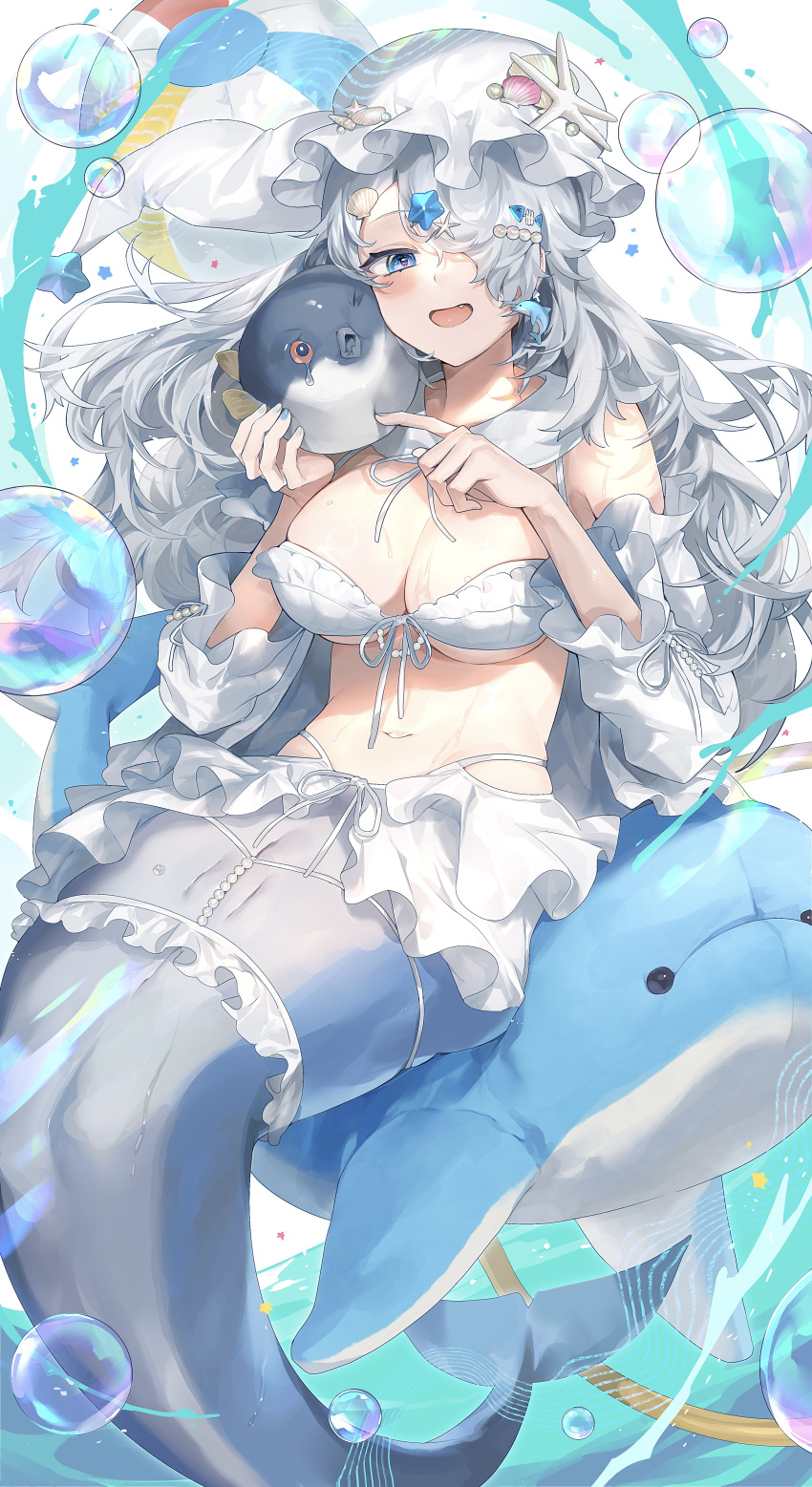 1girl :d absurdres animal animal_earrings bare_shoulders bikini bikini_skirt blue_eyes blue_nails breasts bubble cleavage commentary_request detached_sleeves dolphin ear_piercing fang fish full_body grey_hair hair_between_eyes hair_over_one_eye hat highres holding holding_animal large_breasts long_hair looking_at_viewer mermaid midriff mob_cap monster_girl navel open_mouth original pearl_hair_ornament piercing puffer_fish sakoku_(oyatsu3ji_) seashell shell shell_hair_ornament sidelocks sitting skirt smile solo_focus starfish_hair_ornament swimsuit thigh_strap white_bikini white_hat white_skirt