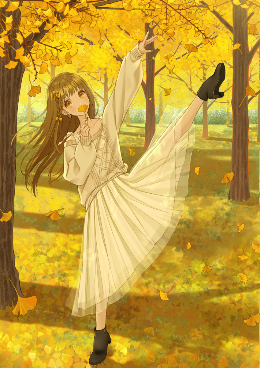 1girl anko_kinako autumn ballerina ballet bow brown_eyes brown_hair earrings ginkgo_leaf ginkgo_tree hair_bow highres holding holding_leaf jewelry leaf long_hair nail_polish original outdoors shadow skirt standing standing_on_one_leg sweater white_skirt