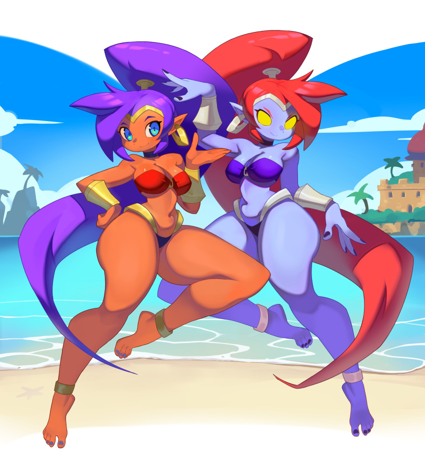 2girls absurdres airborne beach black_choker blue_eyes breasts choker colored_skin dark-skinned_female dark_skin gold_bracelet highres light_smile multiple_girls nega-shantae posing purple_hair purple_skin red_hair roxy_thefoxy shantae shantae_(series) siblings thick_thighs thighs twins yellow_eyes