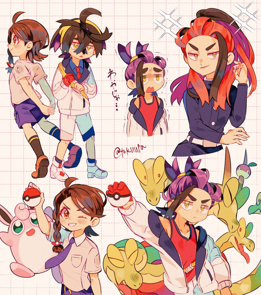 1boy 2girls alternate_hairstyle black_hair blush brown_eyes brown_hair carmine_(pokemon) closed_mouth collared_shirt crossed_bangs highres holding holding_poke_ball hydrapple jacket juliana_(pokemon) kieran_(pokemon) long_hair long_sleeves mole mole_on_neck mole_under_eye multiple_girls necktie one_eye_closed open_clothes open_jacket open_mouth poke_ball poke_ball_(basic) pokemon pokemon_(creature) pokemon_sv purple_hair red_hair school_uniform shirt shoes shorts simple_background socks tokuura tongue uva_academy_school_uniform wigglytuff yellow_eyes