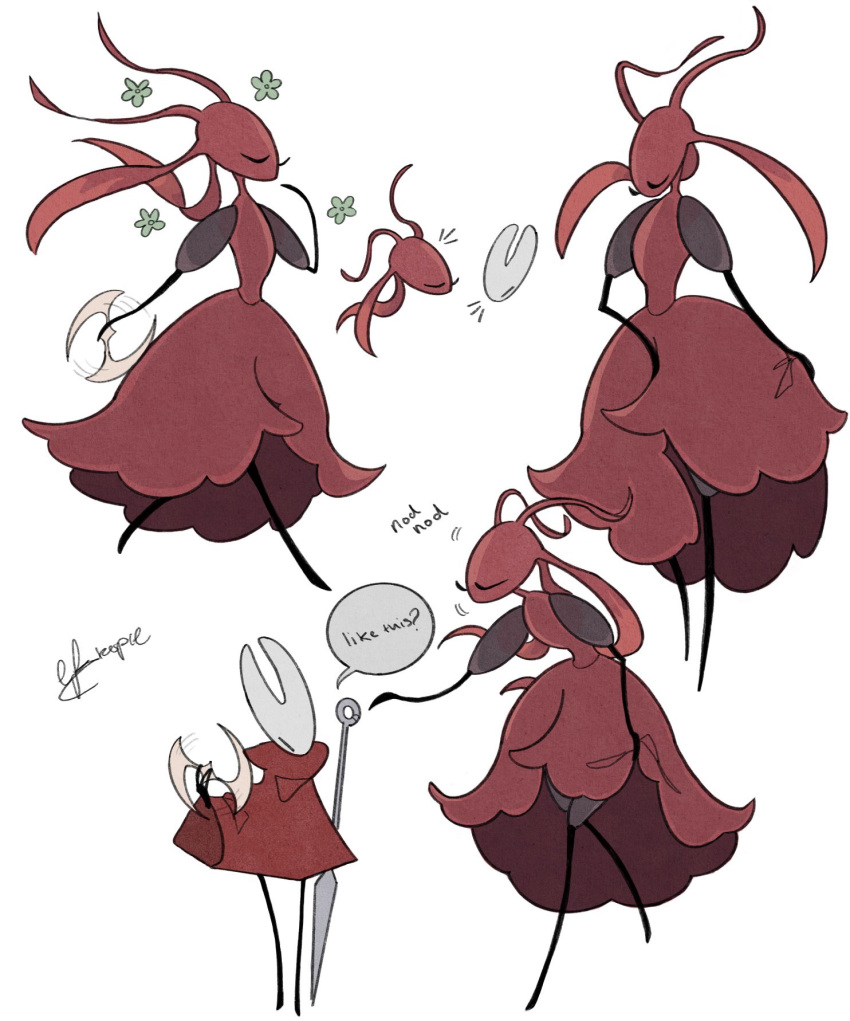 2024 arthropod artist_name black_arms black_body black_eyes black_legs black_text carmelita_(hollow_knight:_silksong) cloak clothing dialogue digital_media_(artwork) dress duo ekkopiee eyelashes eyes_closed female hi_res holding_melee_weapon holding_object holding_sword holding_weapon hollow_knight hollow_knight:_silksong hornet_(hollow_knight) looking_at_another melee_weapon nail_(weapon) narrowed_eyes question_mark red_cloak red_clothing red_dress simple_background size_difference smaller_female speech_bubble standing sword team_cherry text weapon white_background