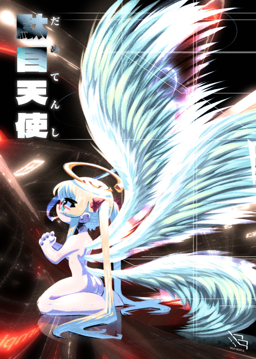 1girl absurdres angel angel_wings artist_logo ass birdblitz blonde_hair blue_eyes broken_halo cigarette completely_nude glasses hair_ribbon halo highres large_wings long_hair nude original own_hands_clasped own_hands_together praying ribbon sitting solo tsurime twintails twitter_username very_long_hair wariza wings yume_(birdblitz)