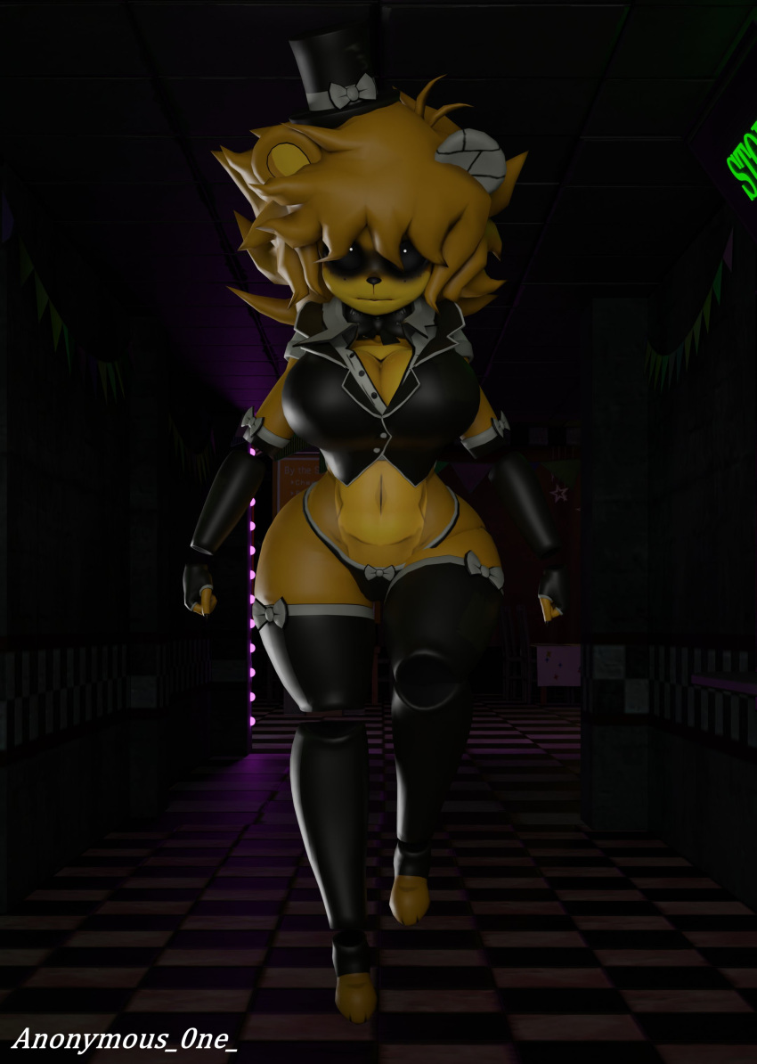 absurd_res animatronic anonymous_0ne anthro bandage bear big_breasts bow_ribbon breasts checkered checkered_floor cleavage clothed clothing female five_nights_at_freddy's fredina's_nightclub golden_freddy_(fnaf) golden_fredina_(cally3d) hat headgear headwear hi_res legwear machine mammal panties robot scottgames solo thick_thighs thigh_highs top_hat underwear
