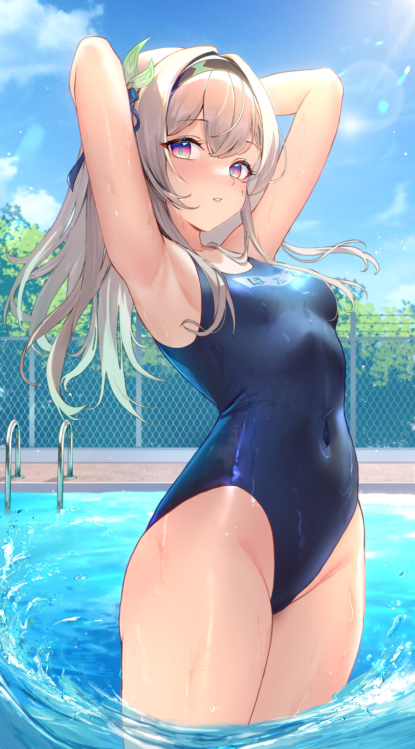 1girl absurdres armpits arms_behind_head arms_up bare_arms bare_shoulders blue_sky blush breasts chain-link_fence commentary_request day fence firefly_(honkai:_star_rail) hair_between_eyes hair_ornament hairband highleg highleg_swimsuit highres honkai:_star_rail honkai_(series) long_hair looking_at_viewer one-piece_swimsuit outdoors pool pool_ladder poolside purple_eyes school_swimsuit sky small_breasts solo standing swimsuit thighs wading water wet yuuichi_yuiko